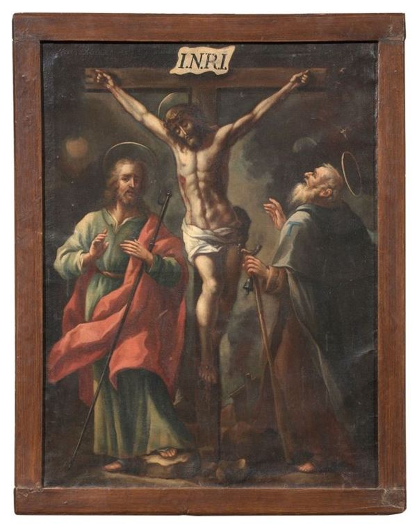 Scuola Italia meridionale del XVII secolo - Crocifissione con Sant'Antonio Abate e un Santo