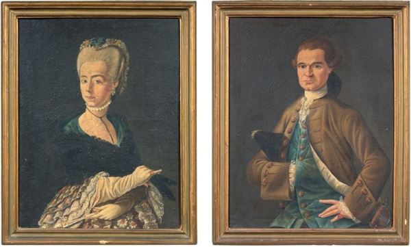 Scuola austriaca del XVIII secolo - «Ritratto di gentiluomo con tricorno» e «Ritratto di gentildonna con ventaglio»