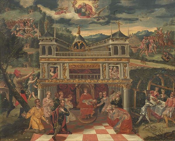 Scuola fiamminga del XVII secolo - Paesaggio con palazzo e scena di omaggio a un monarca, con in alto il Padreterno