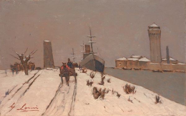 Giovanni Lomi : Il porto sotto la neve  - Olio su compensato - Auction XIX AND XX CENTURY PAINTINGS, DRAWINGS AND SCULPTURES - BUY NOW - Casa d'aste Farsettiarte