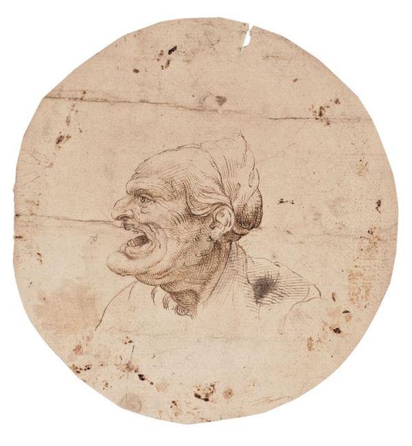 Leonardo da Vinci (seguace di) - «Testa grottesca di profilo» (recto) e «Studio geometrico di testa» (verso)
