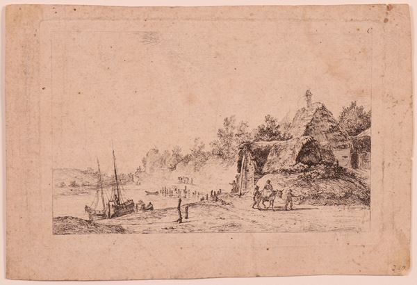 Scuola fiamminga del XVII secolo - Paesaggio fluviale con capanna