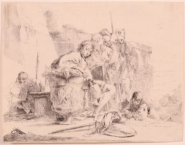Giambattista Tiepolo - Giovane seduto e appoggiato su un vaso (dai «Capricci», tav. 9)