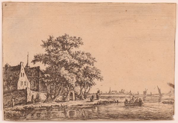 Ignoto olandese del XVII secolo - Paesaggio fluviale con chiesa