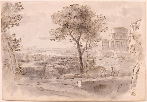 Ignoto del XX secolo - «Paesaggio con tempio, alberi e figure» (recto) e «Paesaggio con borgo turrito» (verso)