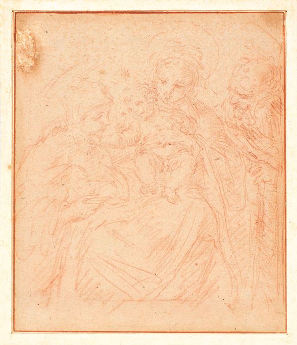 Annibale Carracci (scuola di) - Lotto composto da un disegno e un'incisione raffiguranti «Madonna con Bambino e Santi»