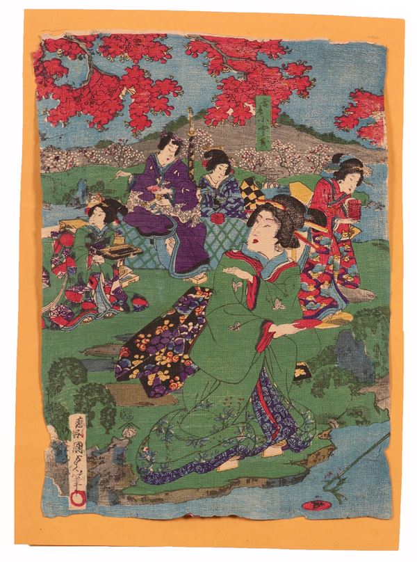 Baido Kunimasa (Kunisada II) - «Oiran con giovane assistente» e «Colazione in riva al fiume»