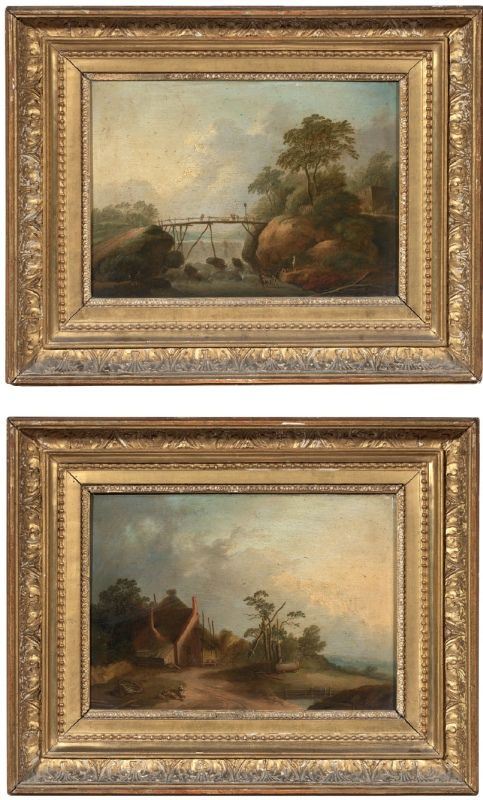 Scuola fiamminga del XVIII secolo - «Paesaggio con ponte» e «Paesaggio con casa»