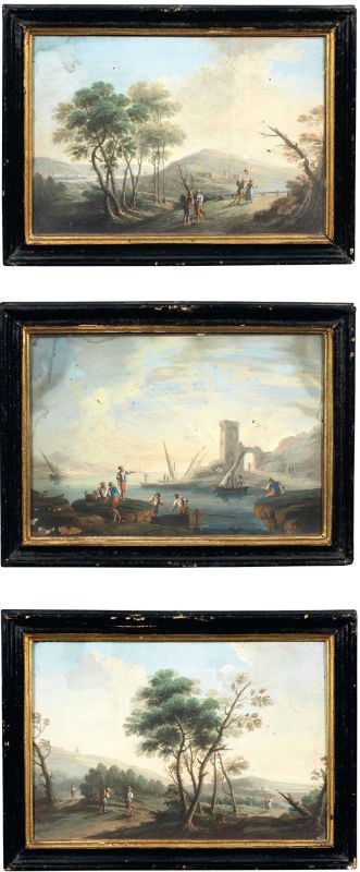 Scuola italiana fine XVIII- XIX secolo - «Paesaggio con viandante», «Paesaggio marino con porto» e «Paesaggio con alberi»