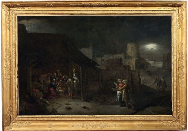 Scuola fiamminga fine XVII secolo - Adorazione dei pastori in paesaggio notturno