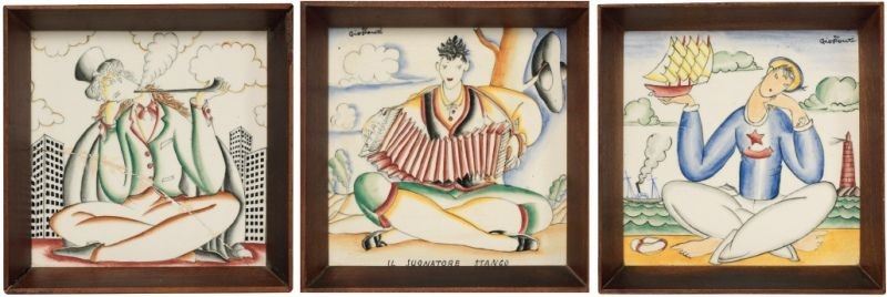 Lotto di Tre Piastrelle in Ceramica Policroma