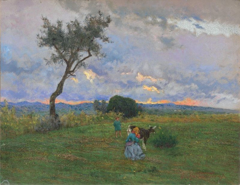 Adolfo Tommasi - Scena di Vita Contadina al Tramonto