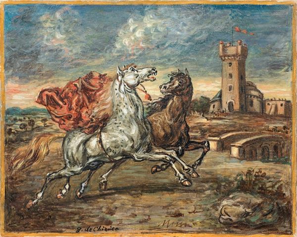 Giorgio de Chirico - Due cavalli presso un castello