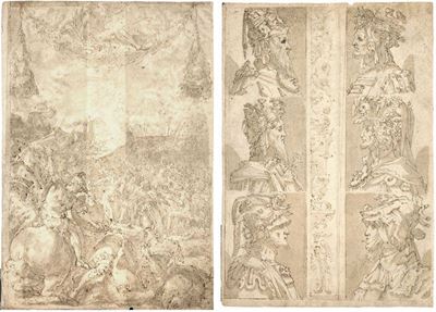 «battaglia» (recto) e «sei Teste di Invenzione in Profilo e Grottesche» (verso)