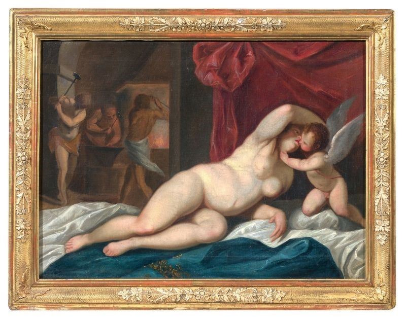 Scuola Genovese del XVII Secolo - Venere e Amore nella Fucina di Vulcano