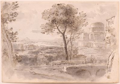 «paesaggio con Tempio, Alberi e Figure» (recto) e «paesaggio con Borgo Turrito» (verso)
