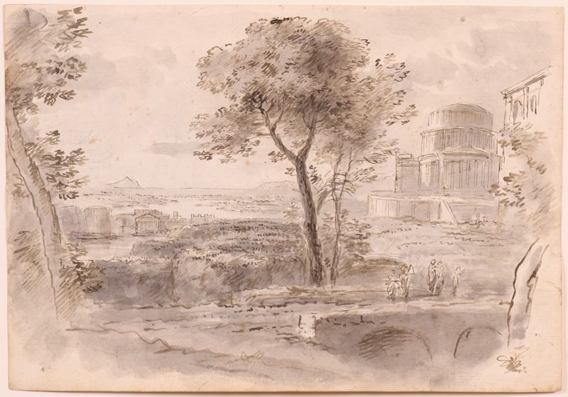 Ignoto del XX Secolo - «paesaggio con Tempio, Alberi e Figure» (recto) e «paesaggio con Borgo Tur...