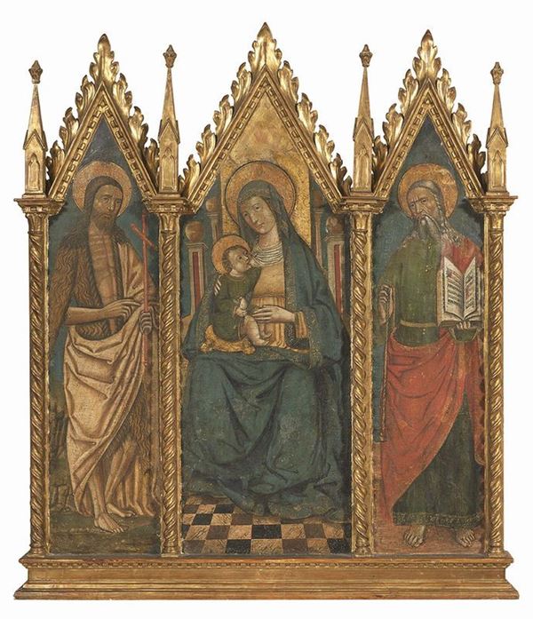 Scuola Italia settentrionale del XV secolo - Trittico con San Giovanni Battista, Masonna col Bambino in Trono e San Tommaso Apostolo