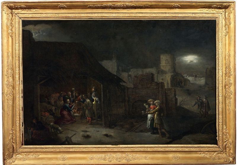 Scuola Fiamminga Fine XVII Secolo - Adorazione dei Pastori in Paesaggio Notturno