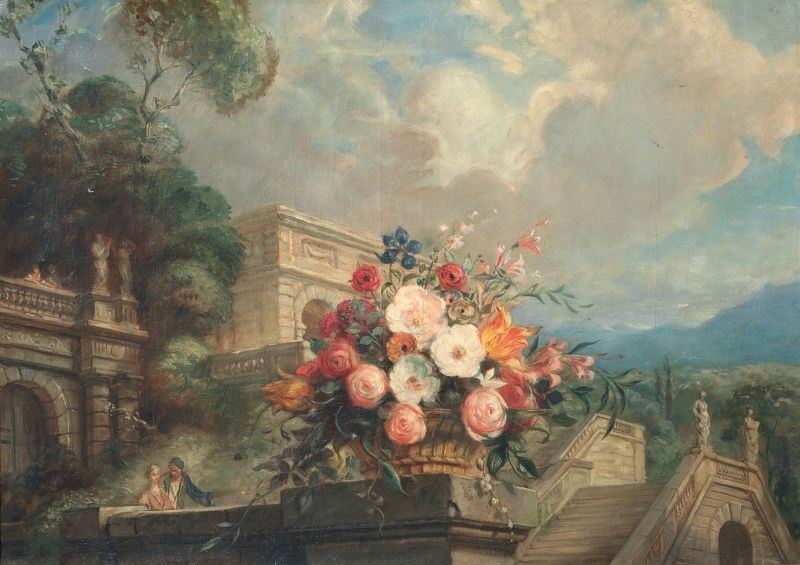 Ignoto del XIX Secolo - Cesto di Fiori con Veduta di Piazza del Popolo a Roma