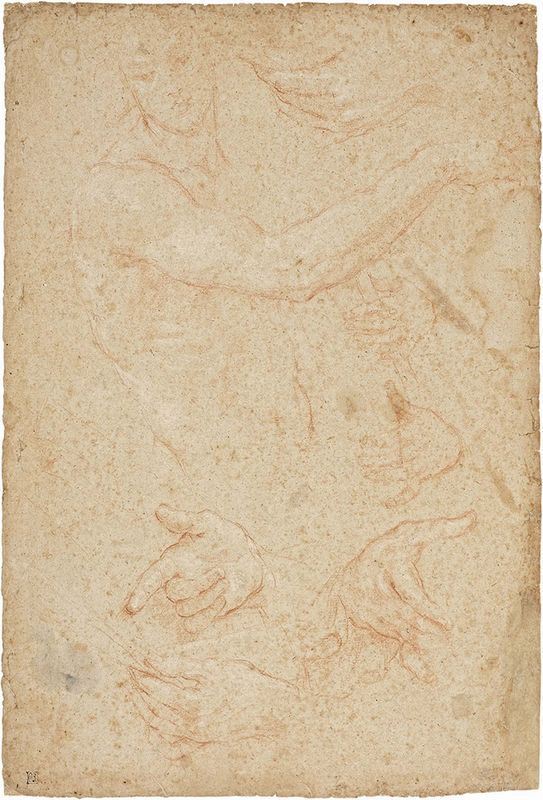 Anonimo toscano-ligure del XVII-XVIII secolo - Figura maschile e studi di mani