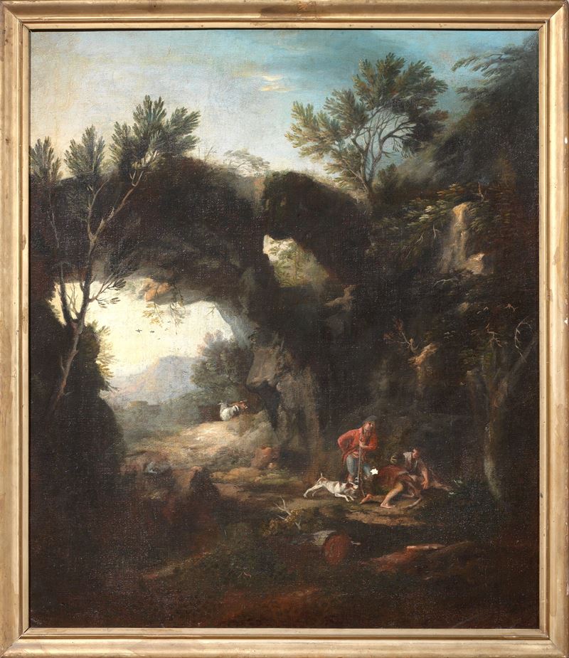 Scuola Emiliana del XVIII Secolo - Paesaggio con cacciatori, olio su tela