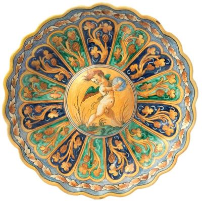 Crespina in Maiolica Policroma con un Putto nel Centro e Ornati sulla Fascia