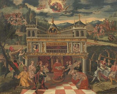 Paesaggio con Palazzo e Scena di Omaggio a un Monarca, con in Alto il Padreterno