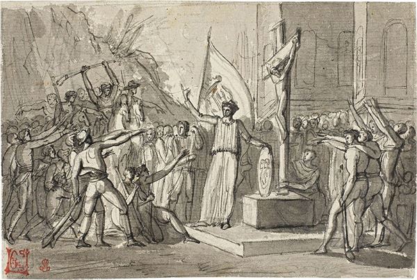 Pietro Benvenuti - Figura femminile davanti al crocifisso arringa una moltitudine di combattenti