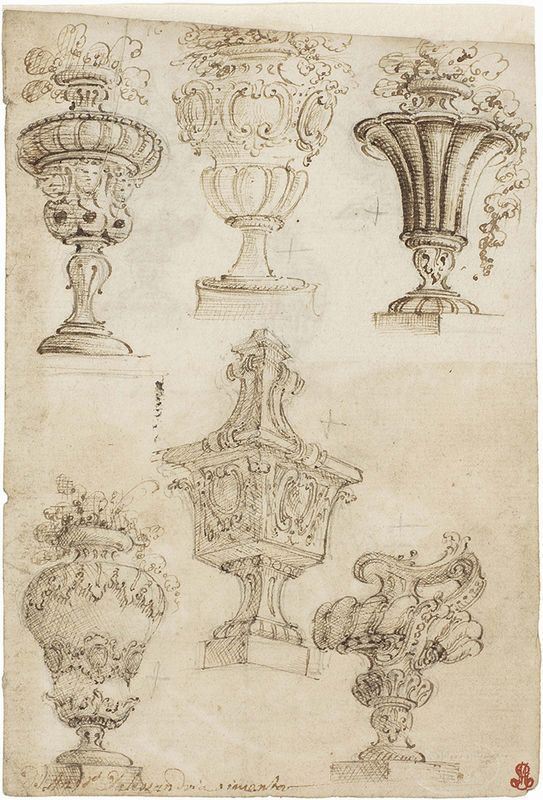 Ferdinando  Galli Bibiena - «Vasi monumentali», recto, «Vasi monumentali ed una nave», verso