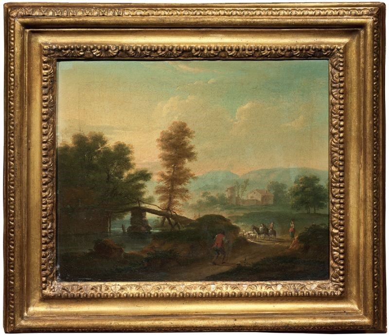 Scuola Romana del XVIII Secolo - Paesaggio con Fiume, Viandanti e Armenti
