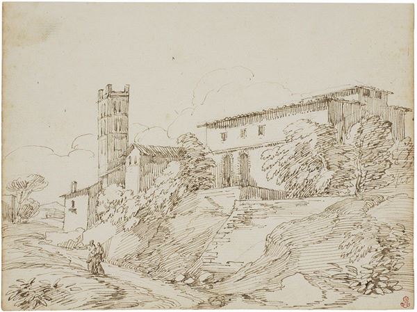 Giovan Battista Busiri - Complesso rustico con torre in un declivio