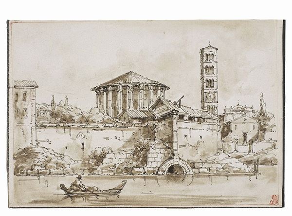 Anonimo romano del XIX secolo - Tempio di Vesta visto dall'alto della sponda del Tevere, con barcaiolo