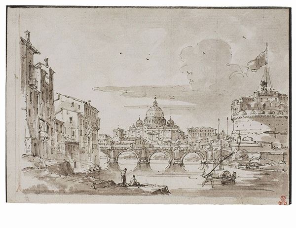Anonimo romano del XIX secolo - Veduta di Castel S. Angelo e di S. Pietro dal Tevere