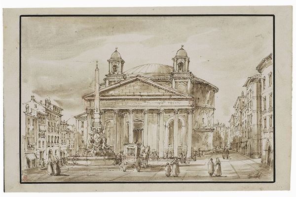 Anonimo romano del XIX secolo - Veduta del Pantheon dalla piazza