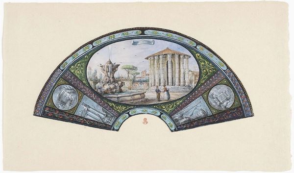 Jean Victor Nicolle, detto Nicolli - Progetto per ventaglio dipinto con vedute di Roma