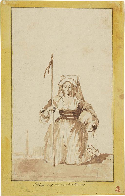 Anonimo francese del XVIII - XIX secolo - Figura femminile sabina in pellegrinaggio davanti alla Basilica di San Pietro