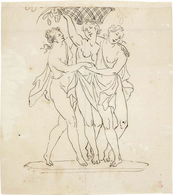Anonimo neoclassico XVIII-XIX secolo - Schizzo raffigurante le tre Grazie su un piedistallo
