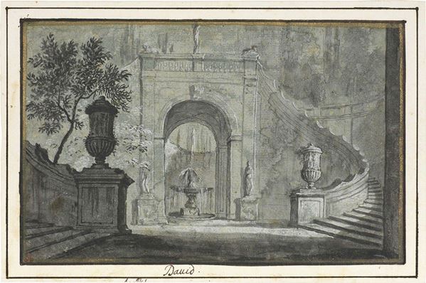 Jacques Louis David - Veduta di architettura con fontana nel giardino, interno di villa