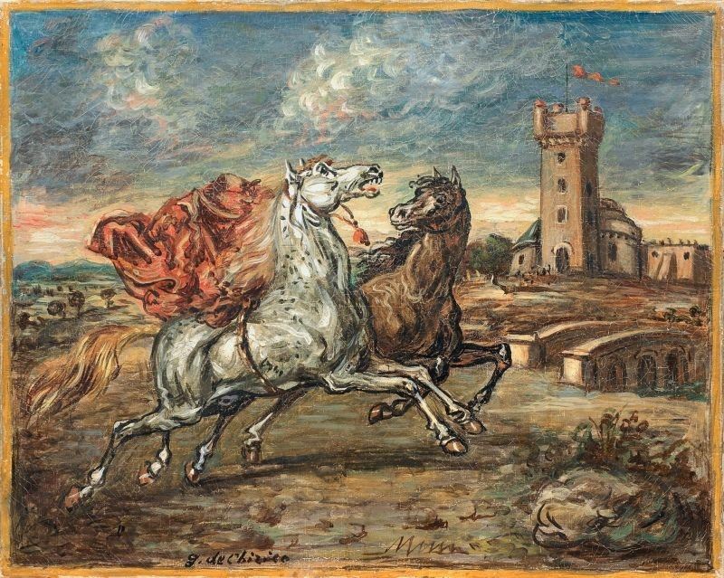 Giorgio De Chirico - Due Cavalli Presso un Castello