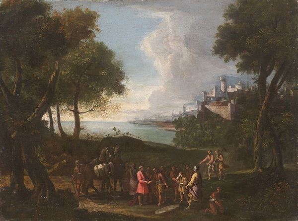 Ignoto del XVIII secolo - Paesaggio con città e figure