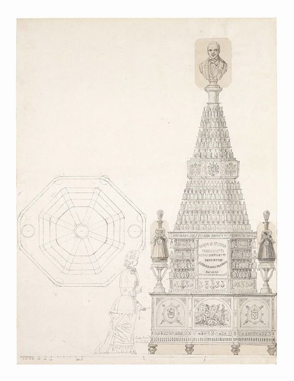 Sante  Nucci - Due disegni raffiguranti «Progetto per piramide di bottiglie»
