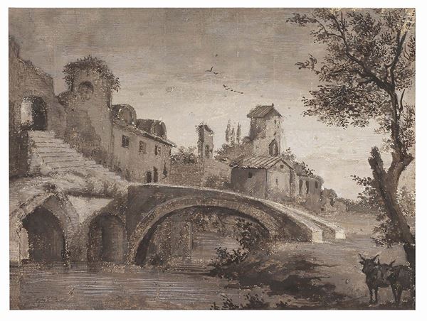 Anonimo del XVIII - XIX secolo - Paesaggio con ponte