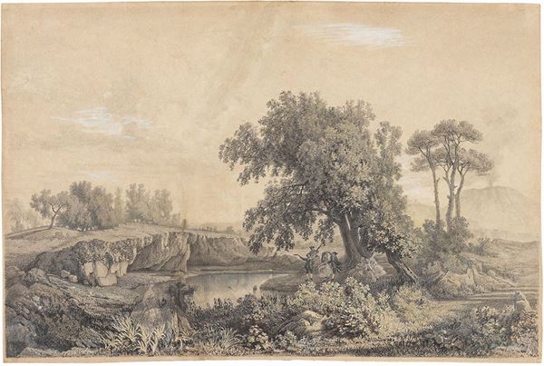 Johan Christian C. Dahl - Festa campestre in riva ad un laghetto con il Vesuvio sullo sfondo