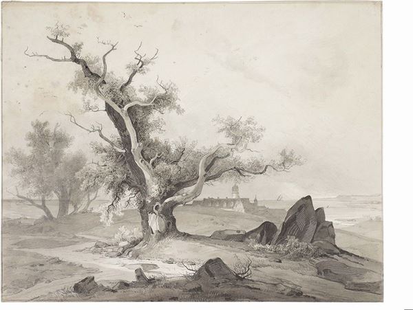 August Wilhem Julius Ahlborn - Paesaggio con albero e veduta costiera