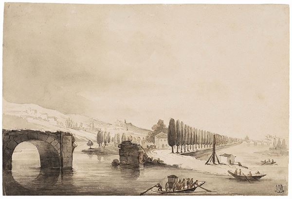 Anonimo del XIX secolo - Paesaggio con fiume, rovine di un ponte e viale alberato