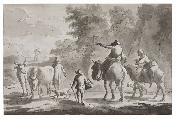 Louis Paret - Paesaggio con viaggiatore a cavallo e contadini