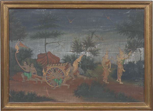 Pittura siamese fine del XIX secolo - Carro fiammeggiante e due donne con bambini