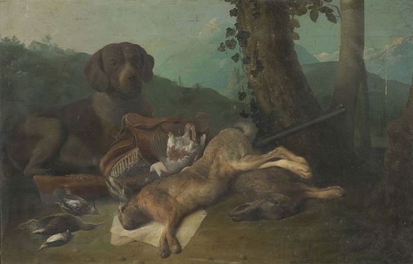 Scuola lombarda del XVIII secolo - Trofeo di caccia con fucile, cane e selvaggina morta