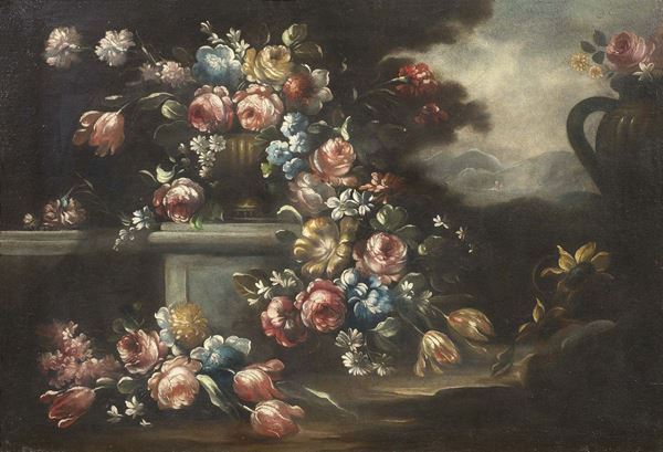 Ignoto del XVIII secolo - Natura morta con rose e paesaggio
